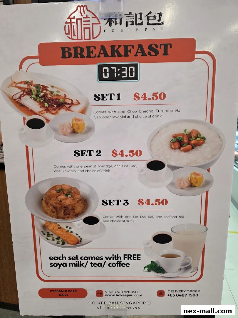 A breakfast menu from Ho Kee Pau featuring three set meals with prices and descriptions.