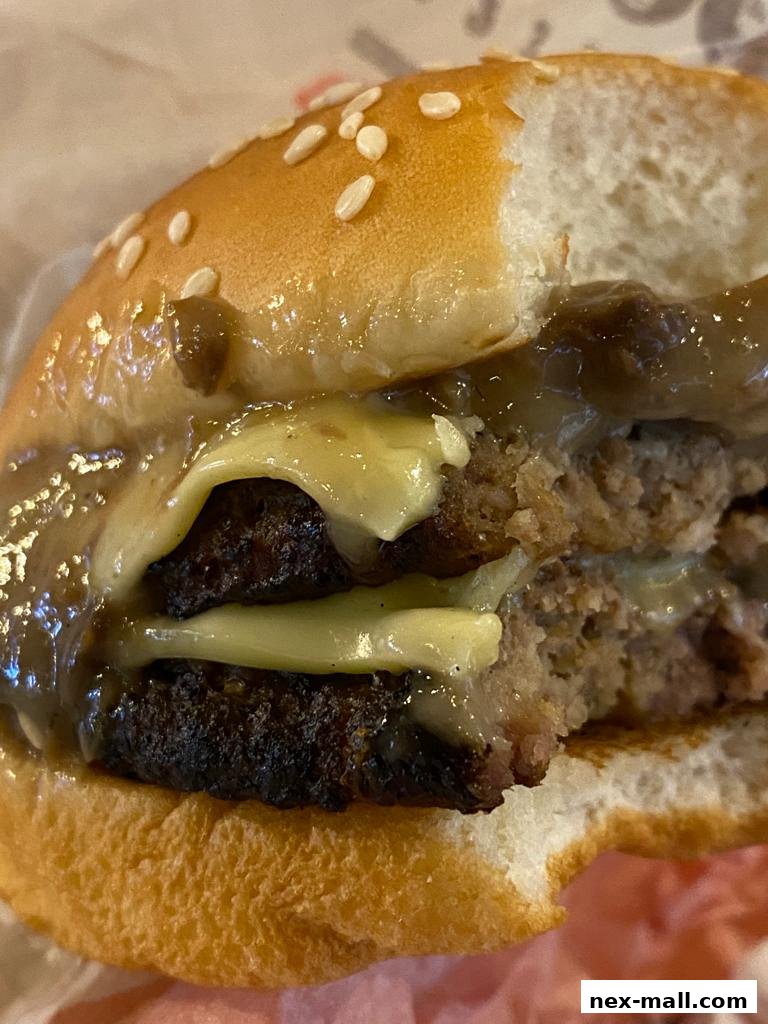 A close-up shot of a juicy double cheeseburger with melted cheese and gravy.