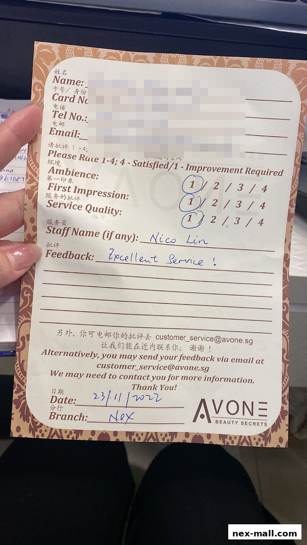 A customer feedback form for Avone Beauty Secrets, filled out with positive ratings and comments.