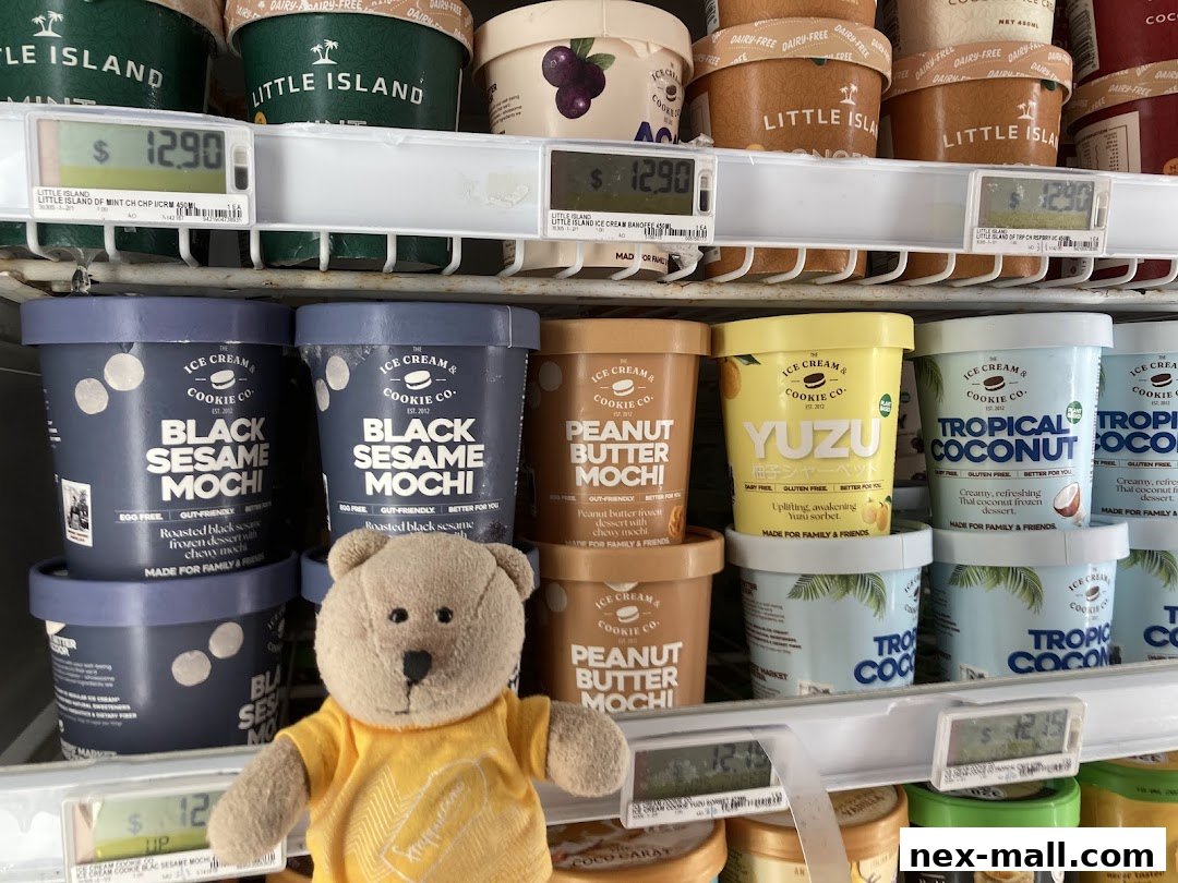 A selection of ice cream pints from 'The Ice Cream & Cookie Co.' and 'Little Island' brands.