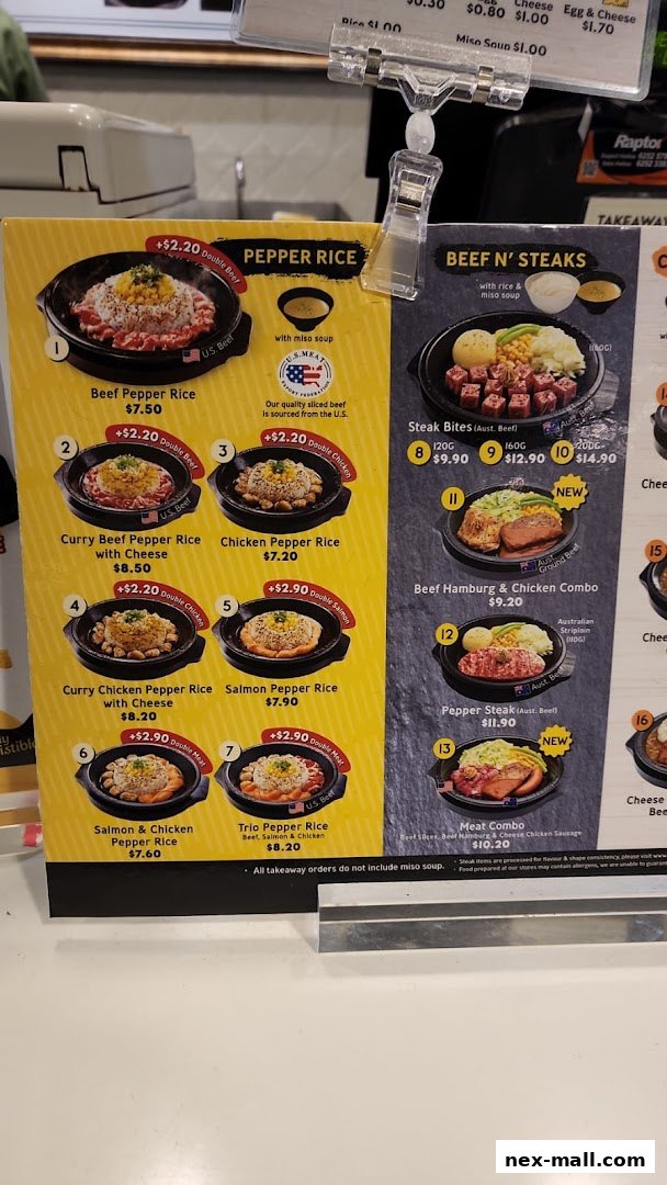 A menu board displaying Pepper Lunch Express's signature pepper rice and steak dishes with prices.