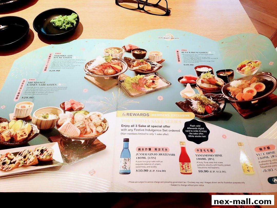 A menu from Ichiban Boshi NEX featuring Japanese set meals and sake.