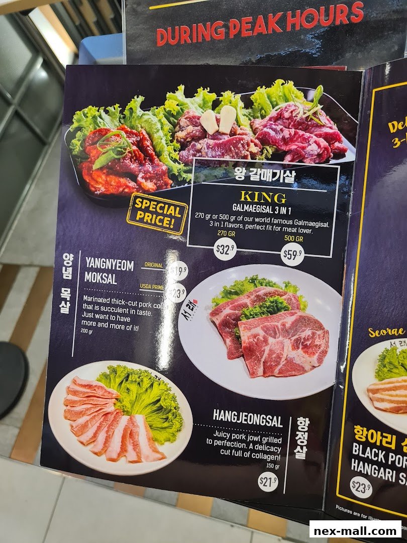 A menu showcasing various Korean BBQ meat dishes with prices and descriptions.