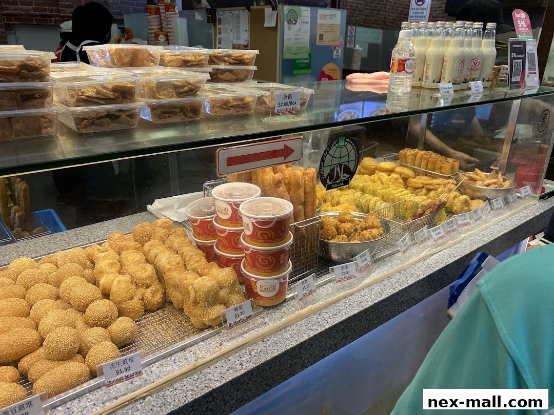 A display of various fried snacks and drinks at Dough Culture.