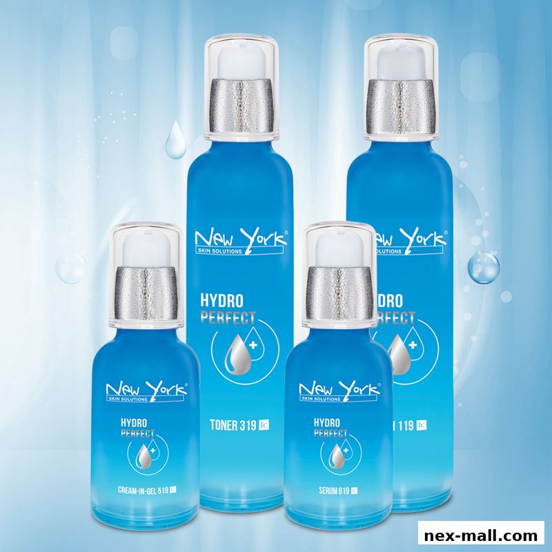 Four bottles of New York Skin Solutions Hydro Perfect skincare products displayed against a blue background.