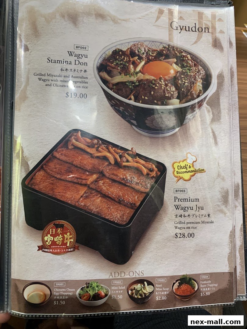 A menu featuring Wagyu Stamina Don, Premium Wagyu Jyu, and various add-ons.