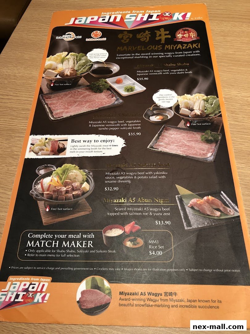 A menu featuring Miyazaki A5 Wagyu beef dishes, including Shabu Shabu and Sukiyaki.