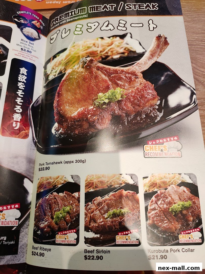 A menu page showcasing premium meat and steak dishes, including a pork tomahawk and various beef cuts.