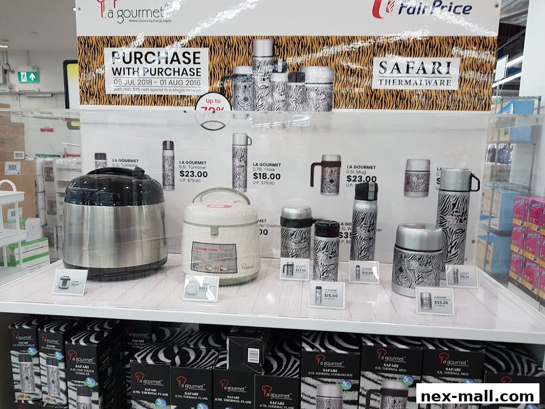 Display of La gourmet Safari thermalware and cooking pots with promotional pricing.