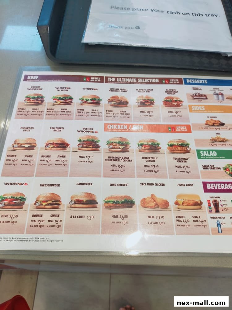 A Burger King menu displaying various burgers, chicken, sides, and beverages with prices.