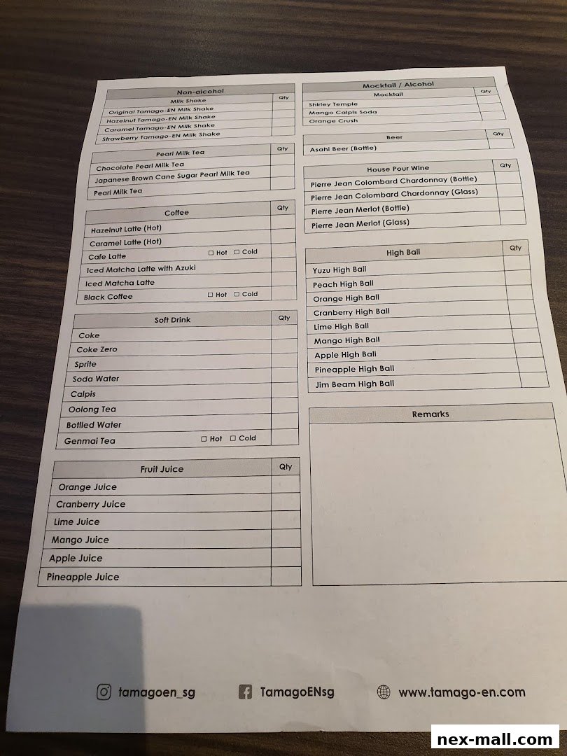 A menu from Tamago-EN NEX listing various drinks and beverages.