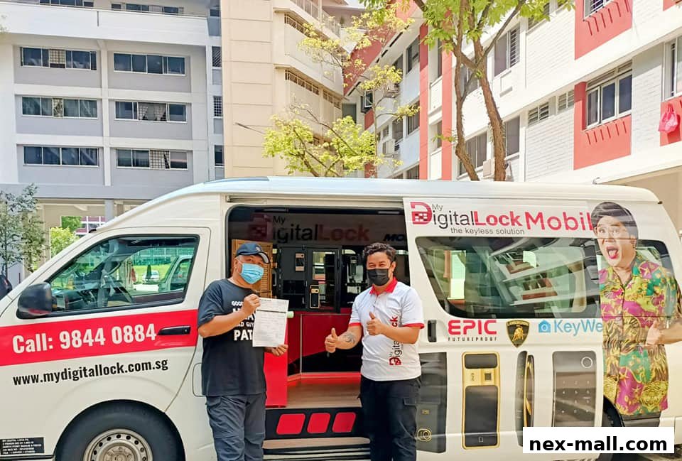 Two men stand next to a branded van showcasing digital locks and contact information.