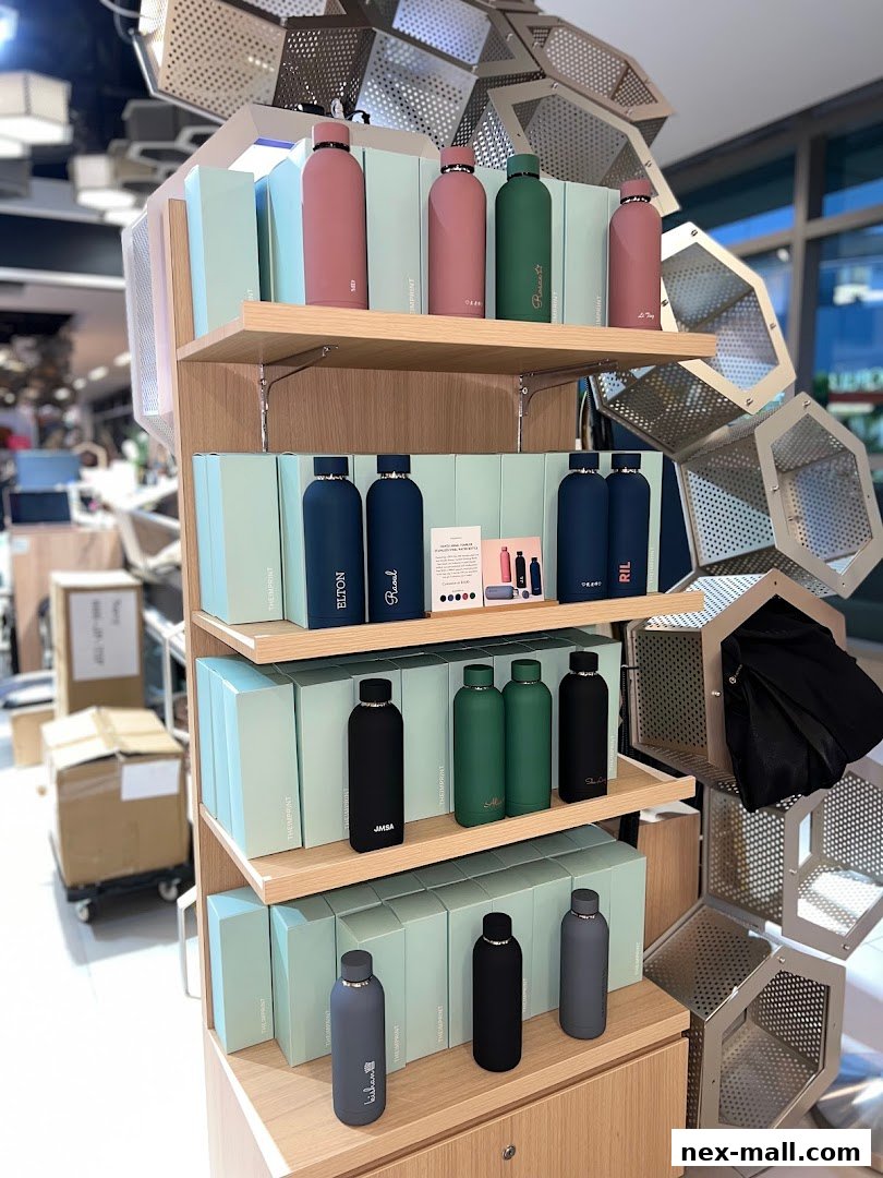 Display shelves showcasing a variety of personalized water bottles in different colors and sizes.