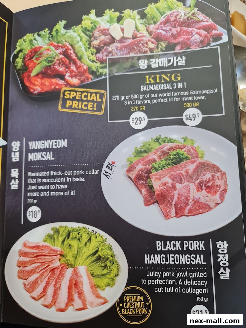 A menu page showcasing Korean BBQ dishes with mouth-watering meat presentations.