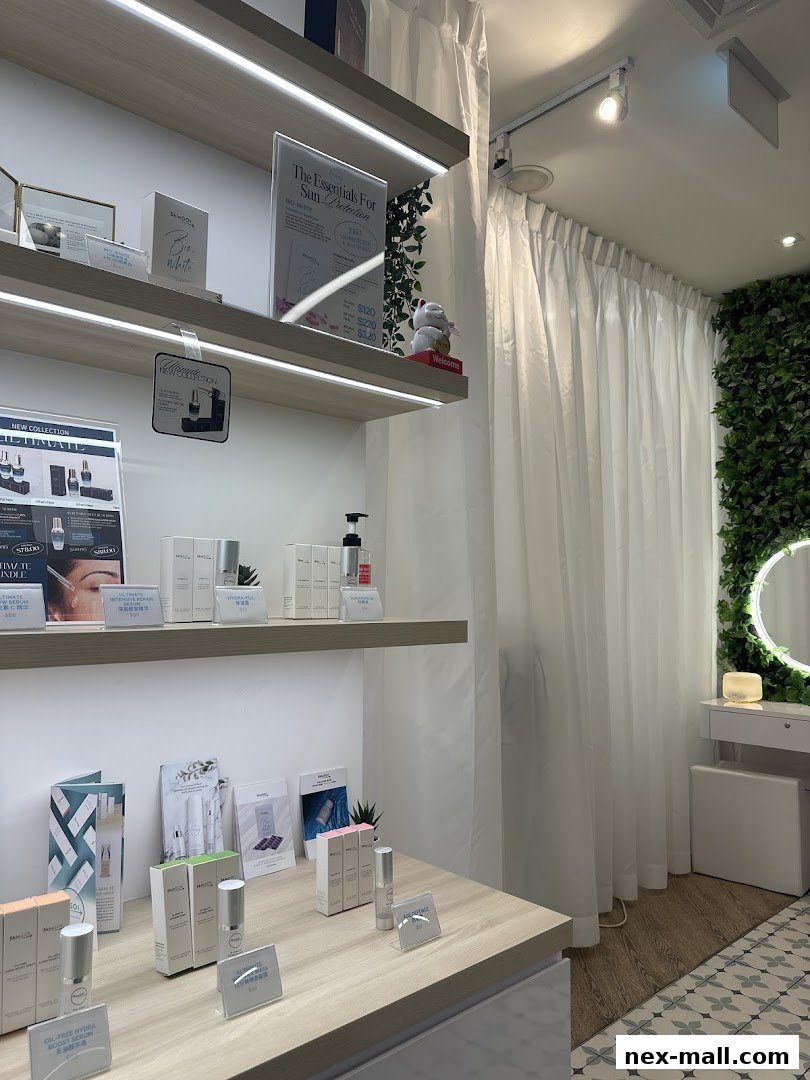 Interior view of a beauty shop with shelves displaying skincare products and a vanity area.