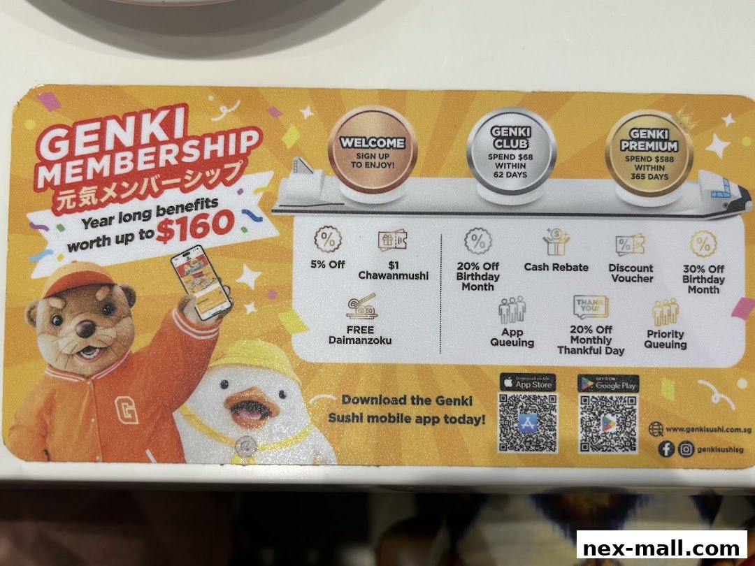 A promotional mat for Genki Sushi's membership program, highlighting benefits and app download.