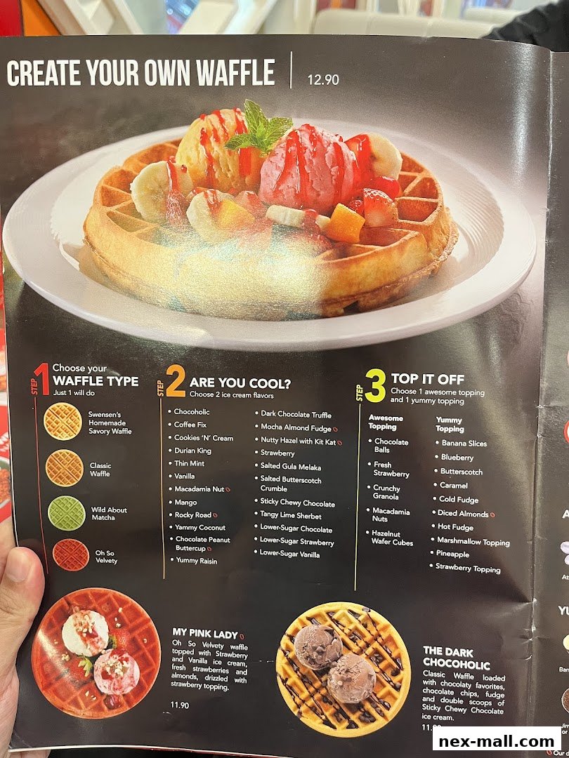 A menu showcasing Swensens' 'Create Your Own Waffle' with various waffle types, ice cream flavors, and toppings.