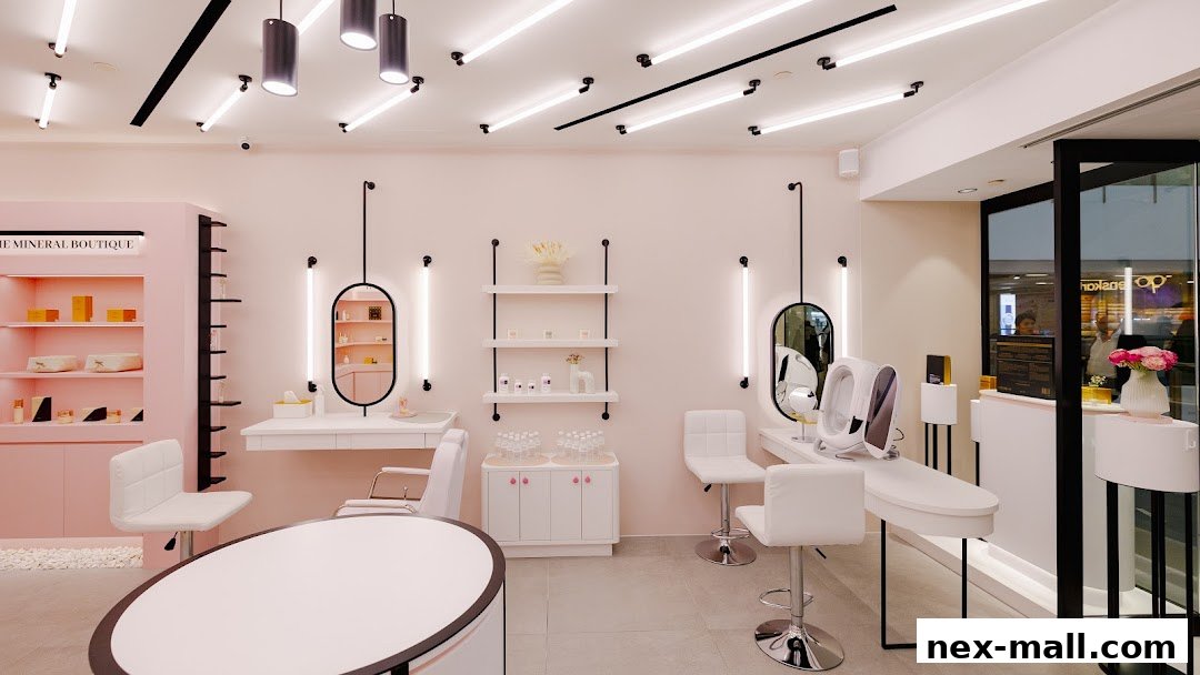 Interior of a modern, pink-themed beauty boutique with product displays and seating.