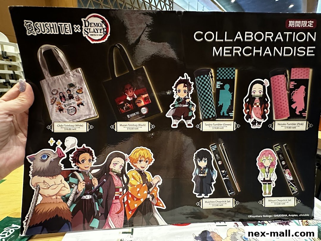 A display of Sushi Tei x Demon Slayer collaboration merchandise including tote bags, tumblers, and chopsticks.