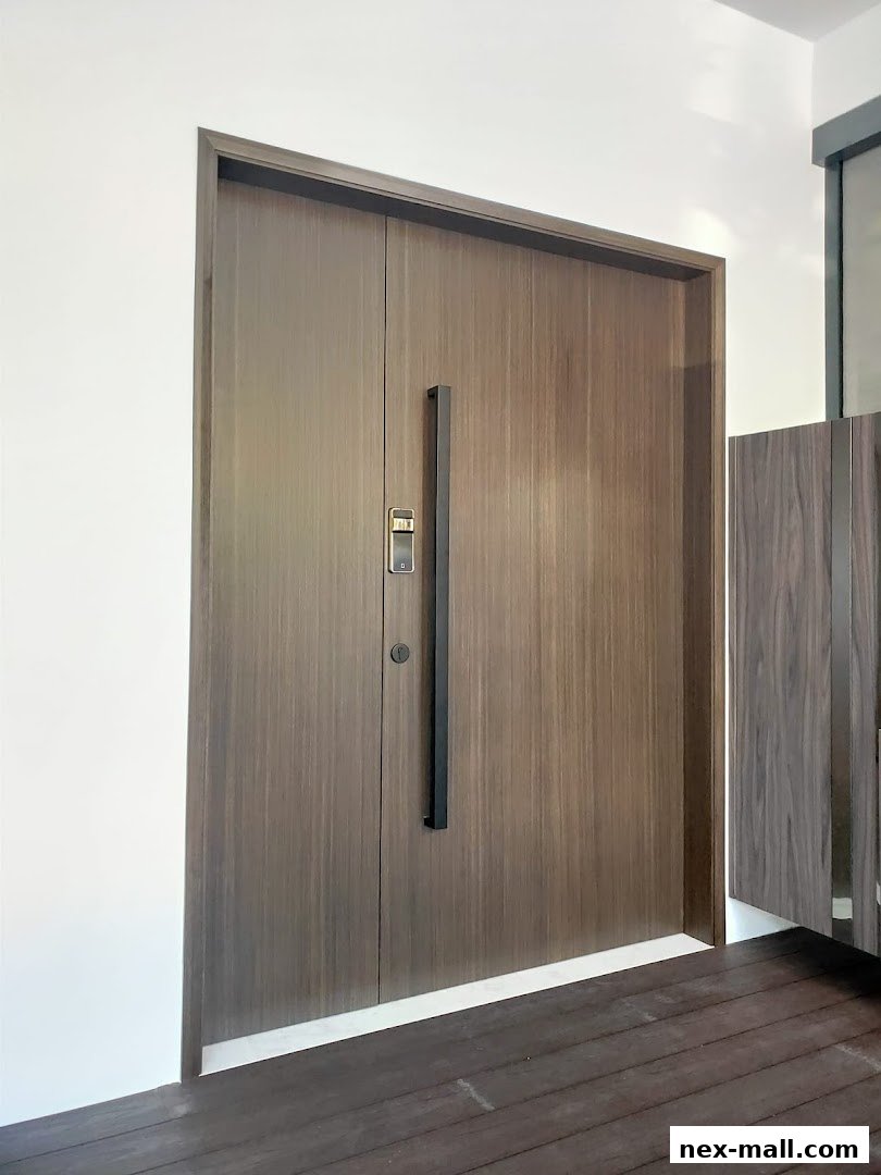 A modern, sleek wooden double door with a black handle and digital lock.