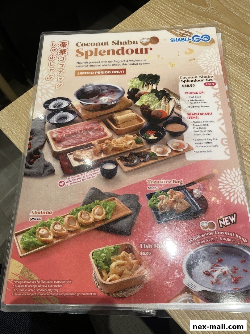 A menu featuring a 'Coconut Shabu Splendour' set and various other Japanese shabu-shabu items.
