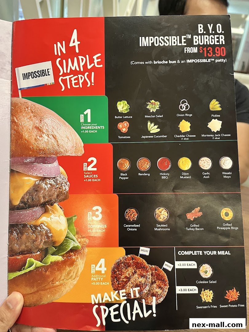 A menu showcasing the build-your-own Impossible Burger with various ingredient and topping options.