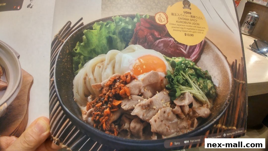 A close-up of a delicious Ontama Spicy Kurobuta Udon dish with a poached egg and pork.