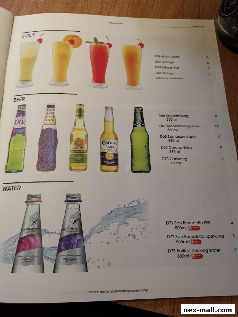A menu page showcasing juices, beers, and bottled water with prices.