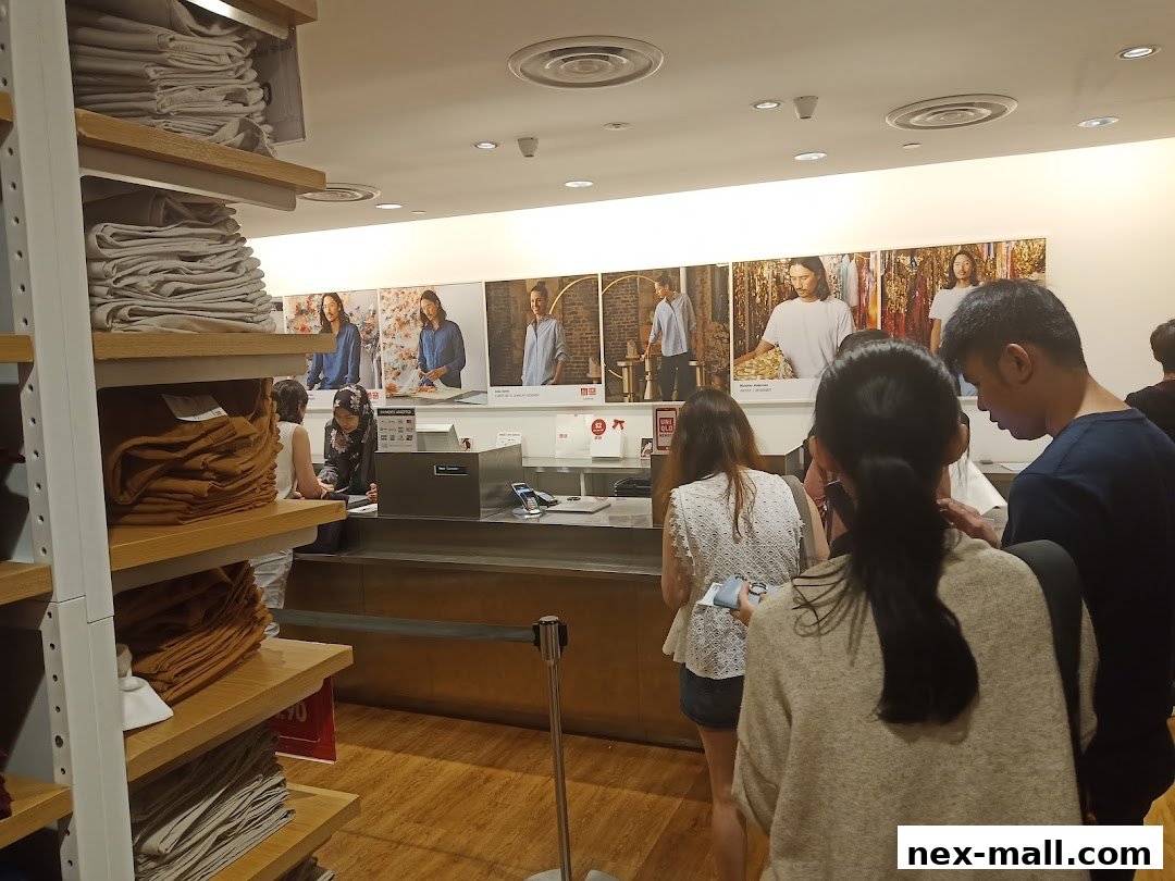 Customers queue at the UNIQLO NEX store's collection counter with folded clothes on shelves.