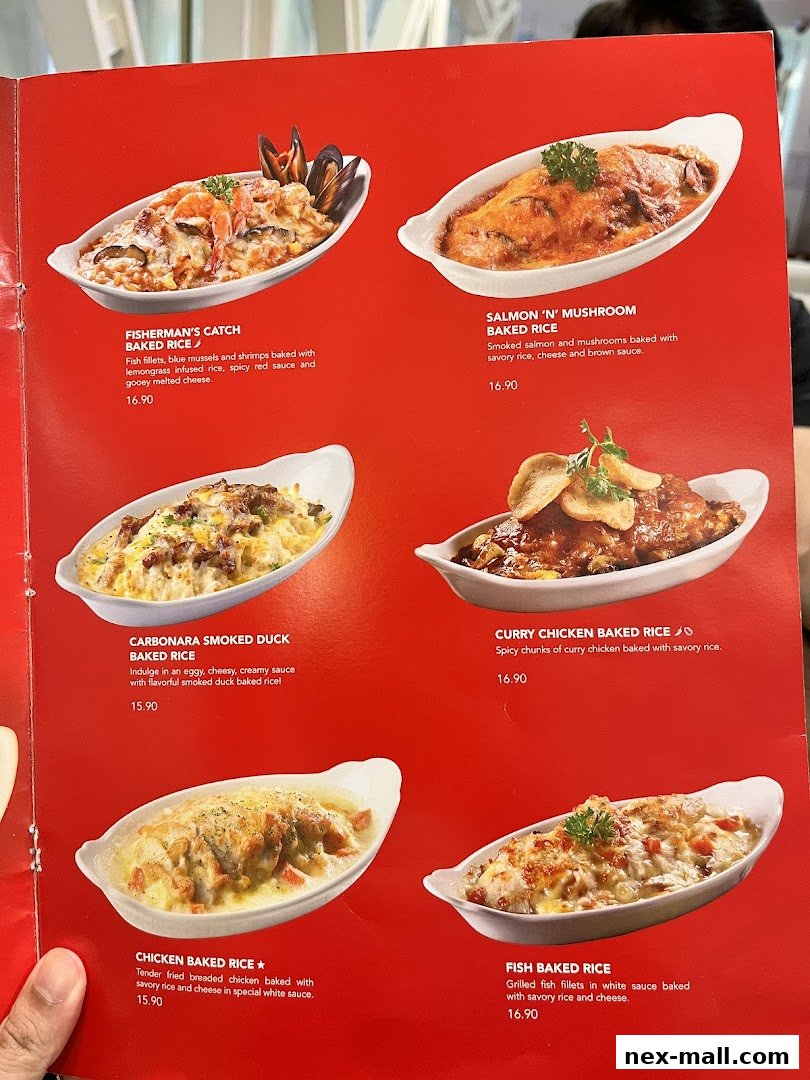 A menu page showcasing various baked rice dishes with appetizing descriptions and prices.