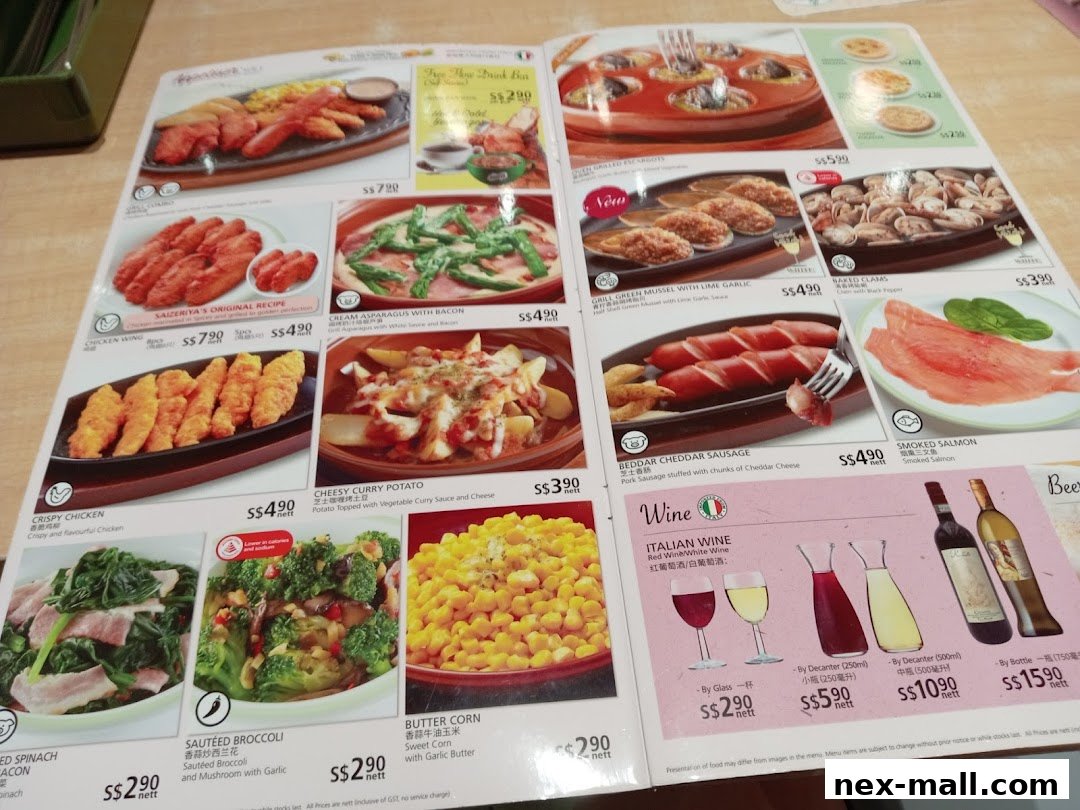 A menu from Saizeriya featuring various dishes like crispy chicken, sausages, and broccoli, along with wine options.