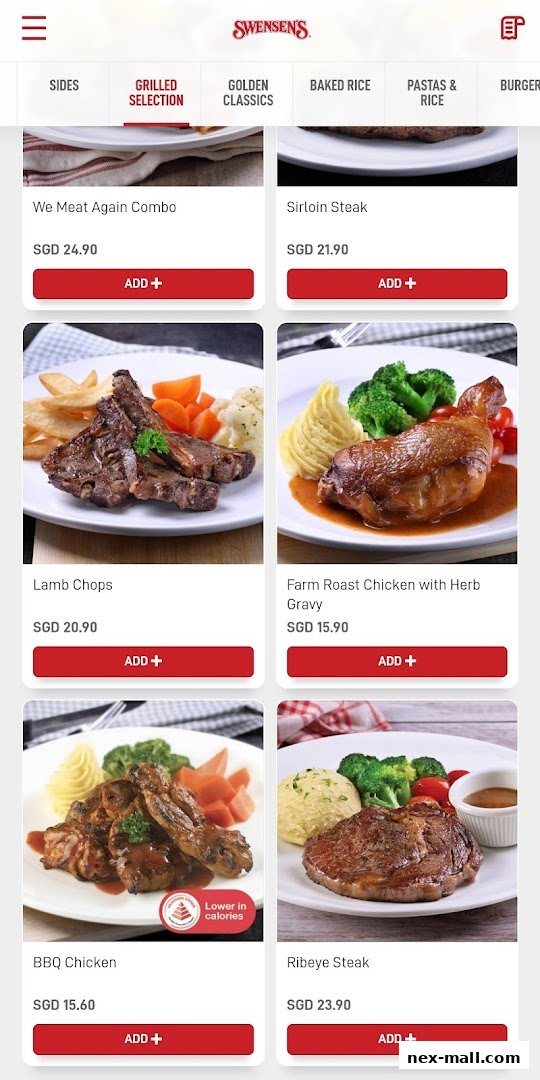 A digital menu showcasing various grilled dishes and their prices from Swensen's.