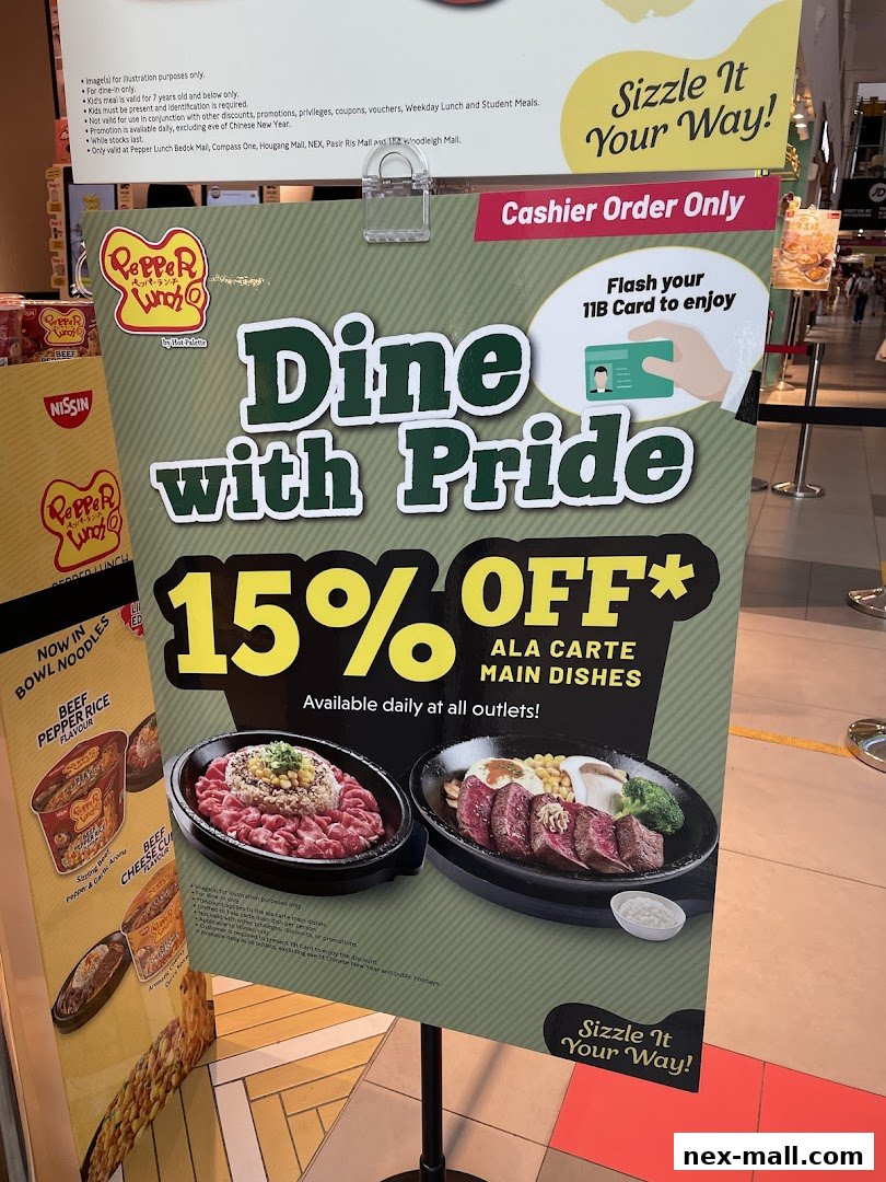 A promotional sign for Pepper Lunch offering 15% off ala carte main dishes with an 11B card.