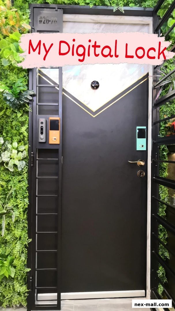 A modern black door with digital locks and decorative greenery.