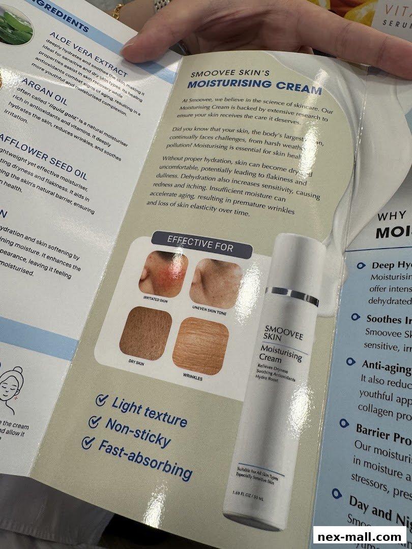 A brochure detailing Smoovee Skin's Moisturising Cream with ingredients and benefits.