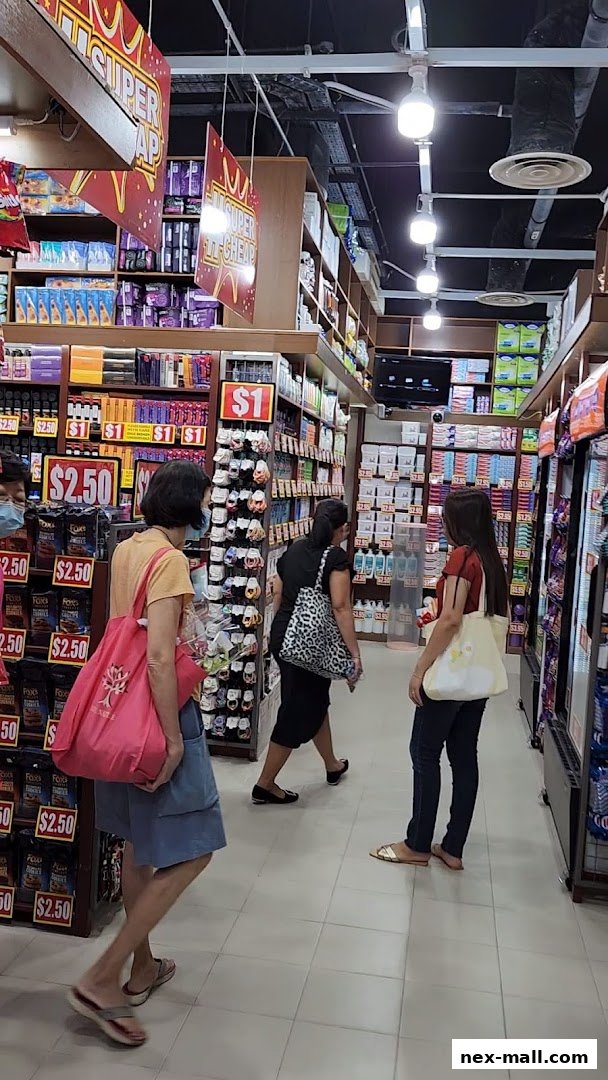 People shopping in a well-stocked store with shelves of products and price tags.