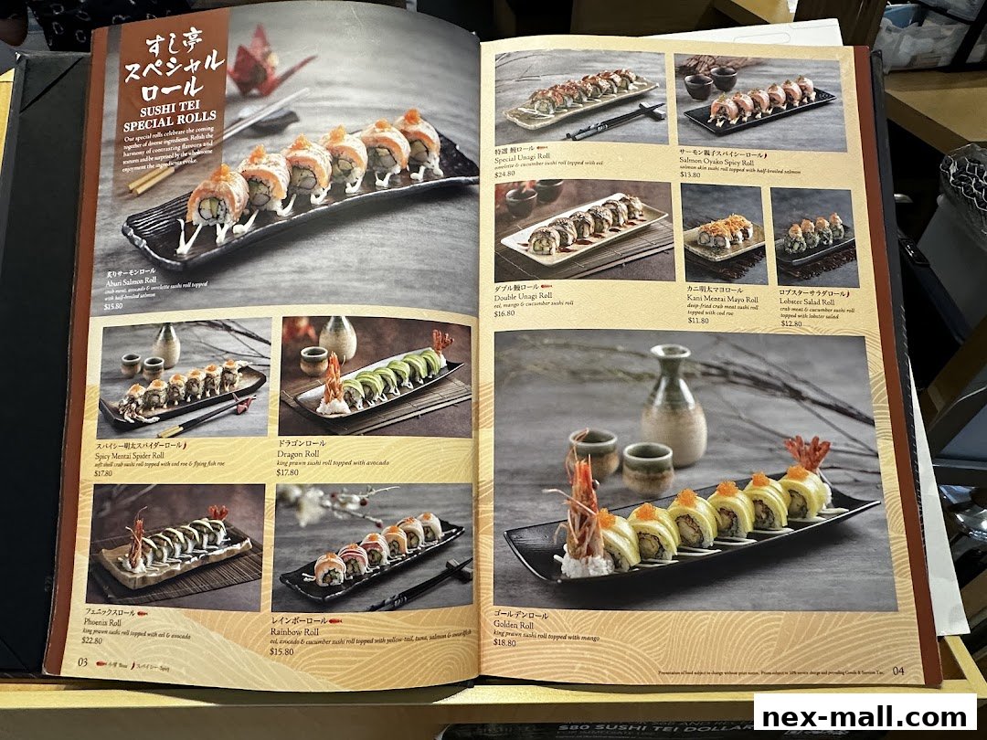 A menu from Sushi Tei featuring various sushi rolls with appealing descriptions and prices.