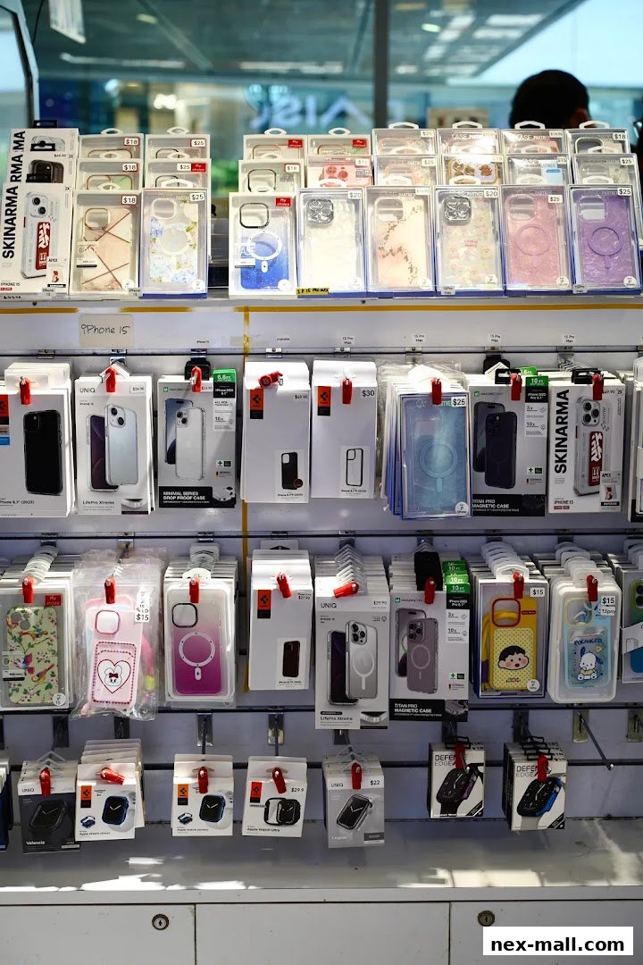 A display of various phone cases and accessories for iPhones and Apple Watches.
