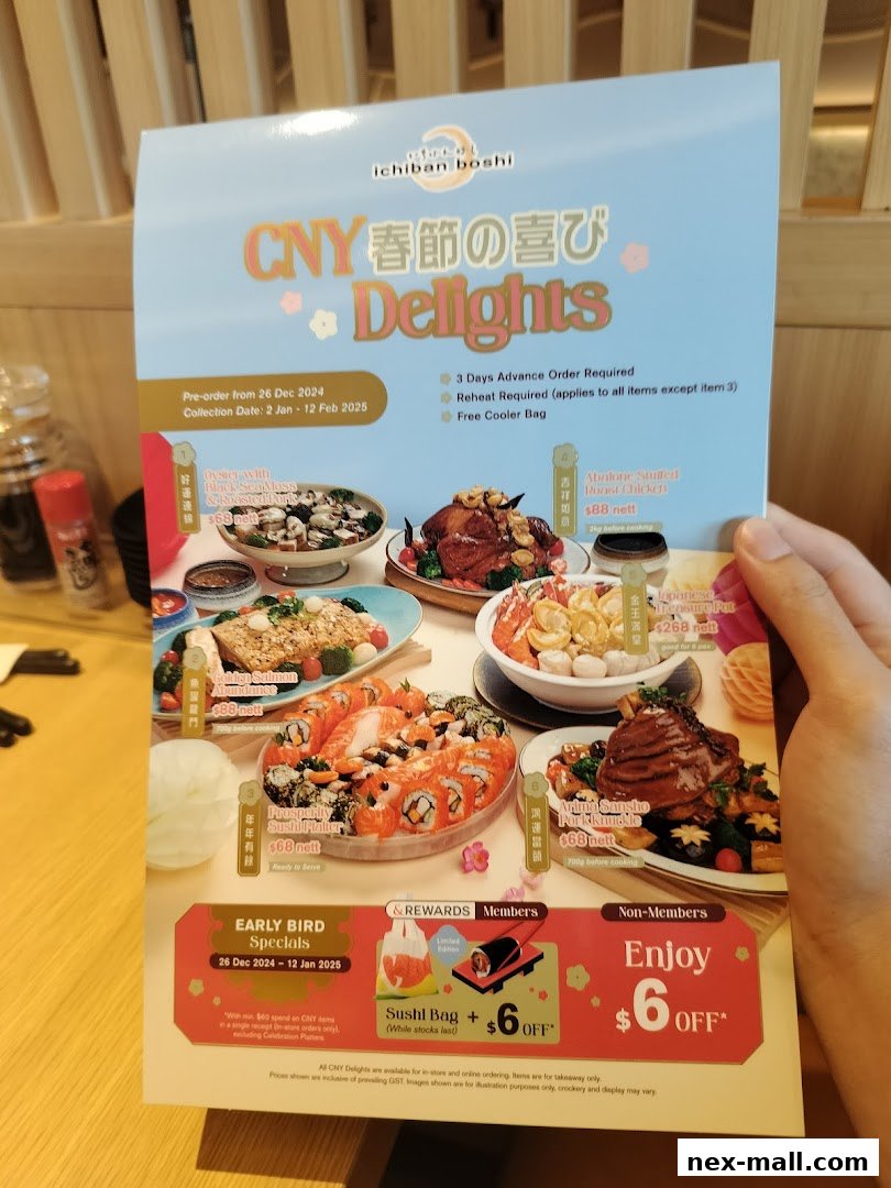 A menu from Ichiban Boshi featuring CNY Delights with various Japanese dishes and promotions.