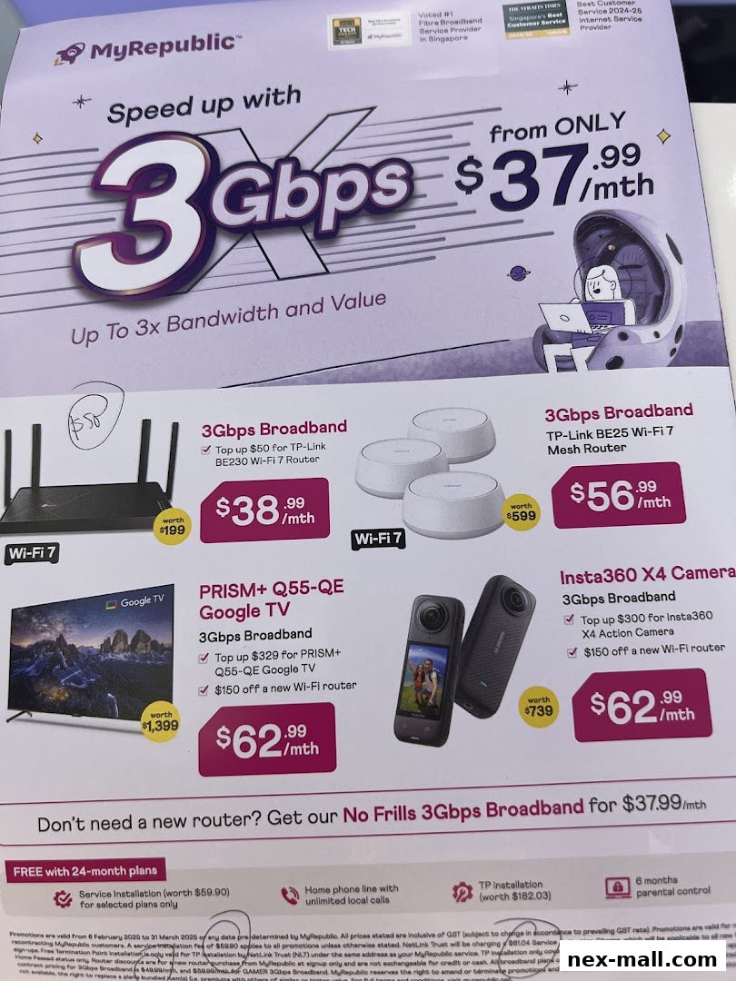 A promotional flyer for MyRepublic's 3Gbps broadband plans with various device bundles and offers.