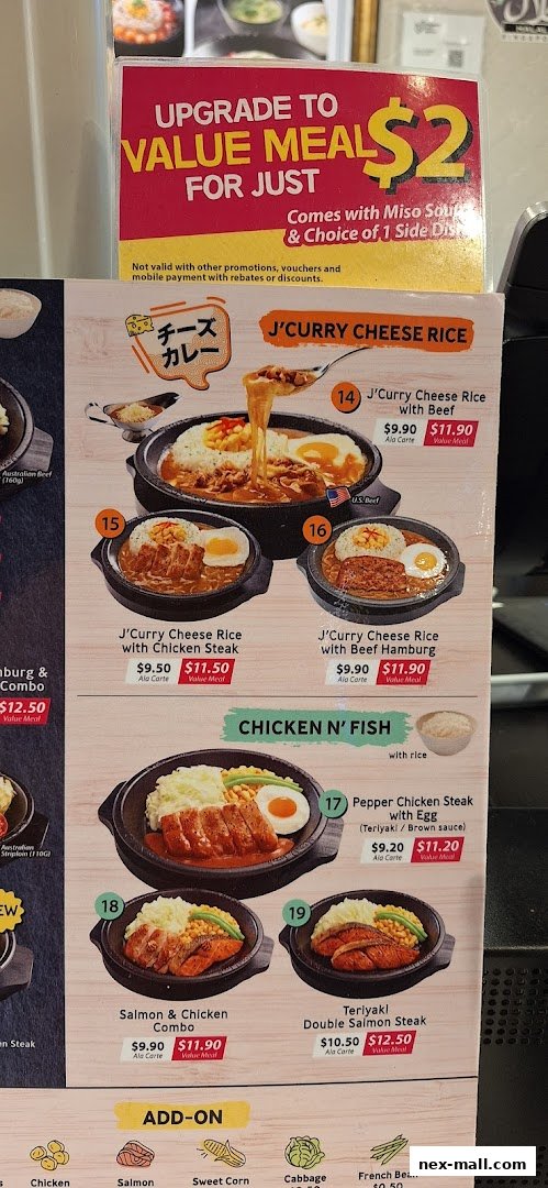 A menu display for Pepper Lunch Express featuring various rice dishes, chicken, and fish options.