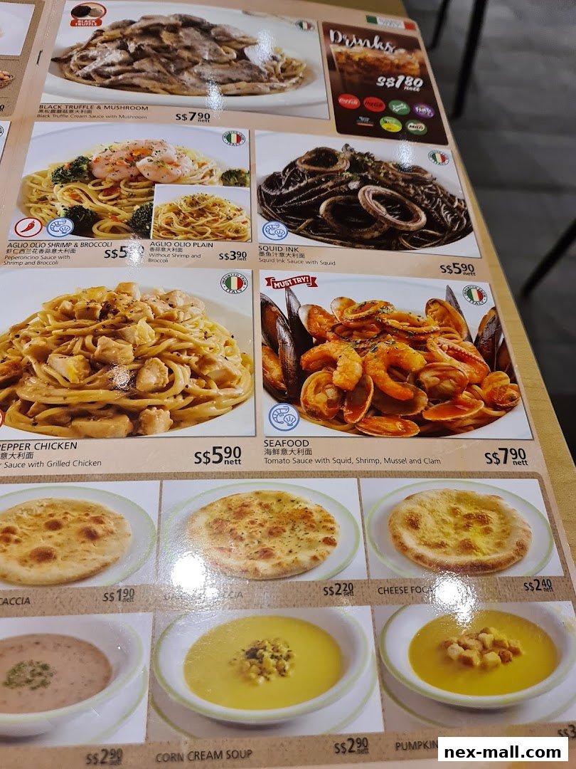 A menu featuring various Italian dishes including pasta, focaccia, and soups.