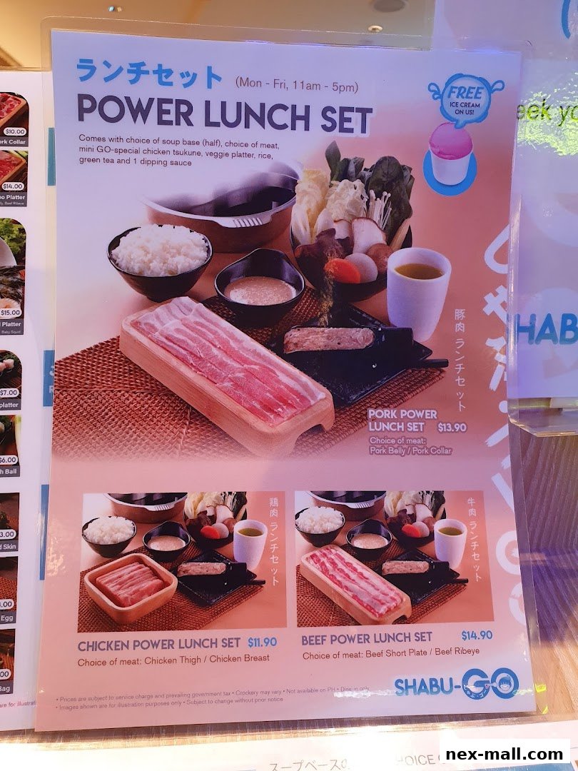 A menu showcasing various power lunch sets with meat options and free ice cream.