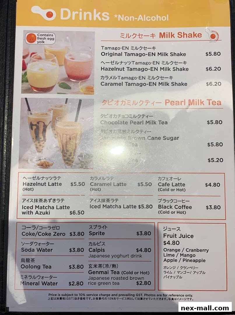 A menu featuring various non-alcoholic drinks including milkshakes, pearl milk tea, lattes, and juices.