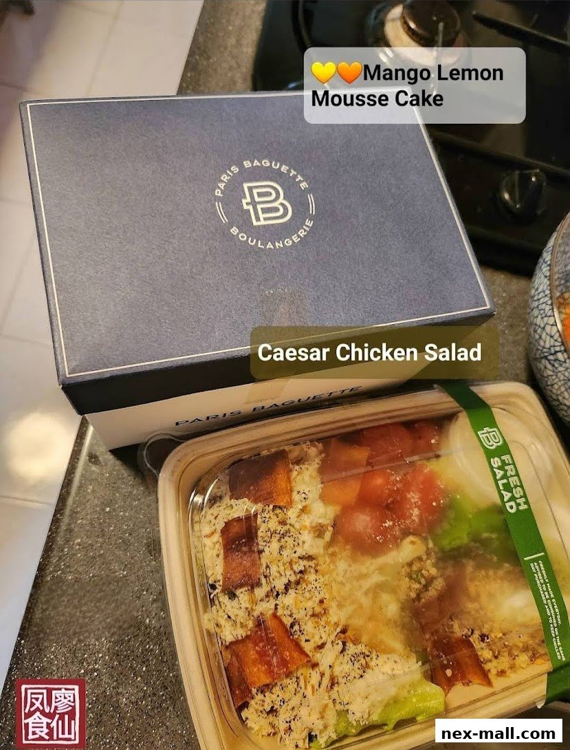 Paris Baguette box and Caesar Chicken Salad with Mango Lemon Mousse Cake mentioned.