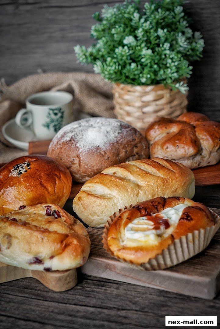 A variety of freshly baked Japanese breads and pastries are artfully arranged on wooden boards.