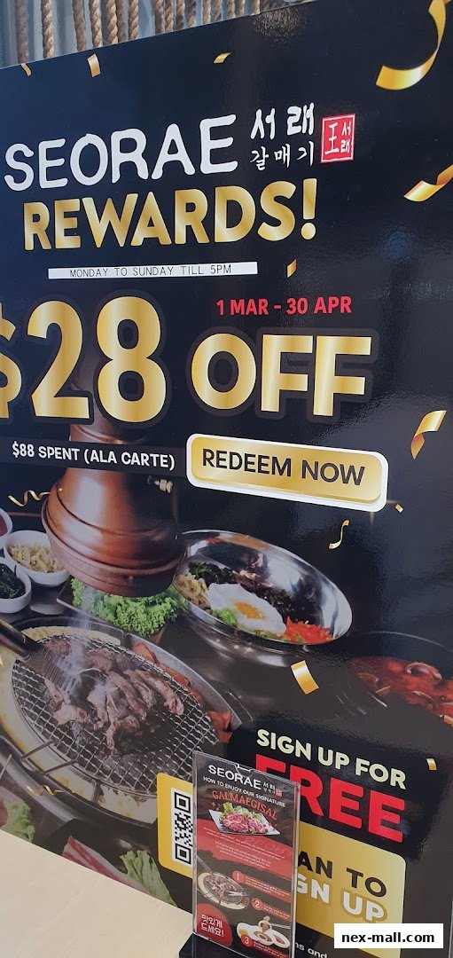 A promotional poster for SEORAE REWARDS offering $28 off with a minimum spend.