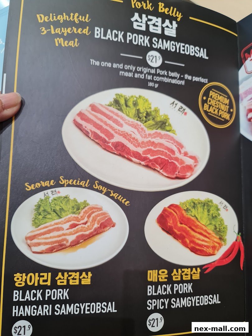 A menu showcasing different types of Black Pork Samgyeobsal with prices.