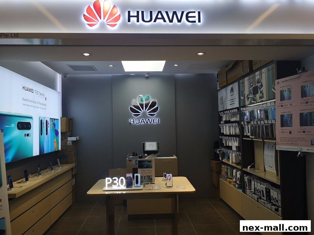 Interior of a Huawei concept store showcasing phones and accessories.