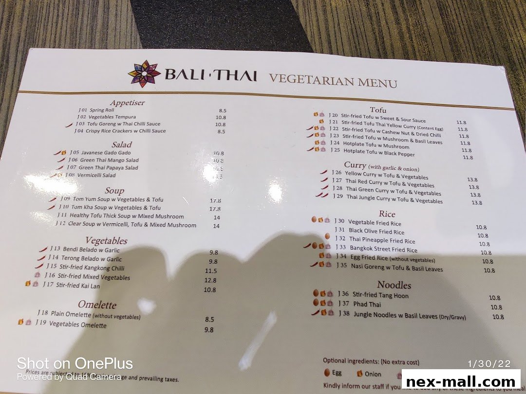 A vegetarian menu from Bali Thai featuring appetizers, salads, soups, tofu dishes, curries, rice, noodles, and omelettes.